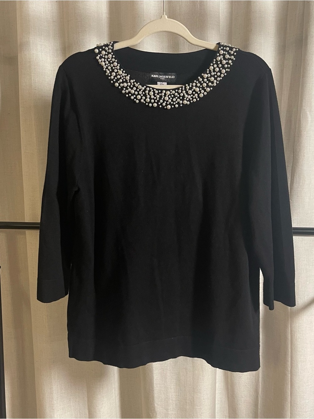 Karl Lagerfield embellished pearl  neckline black sweater